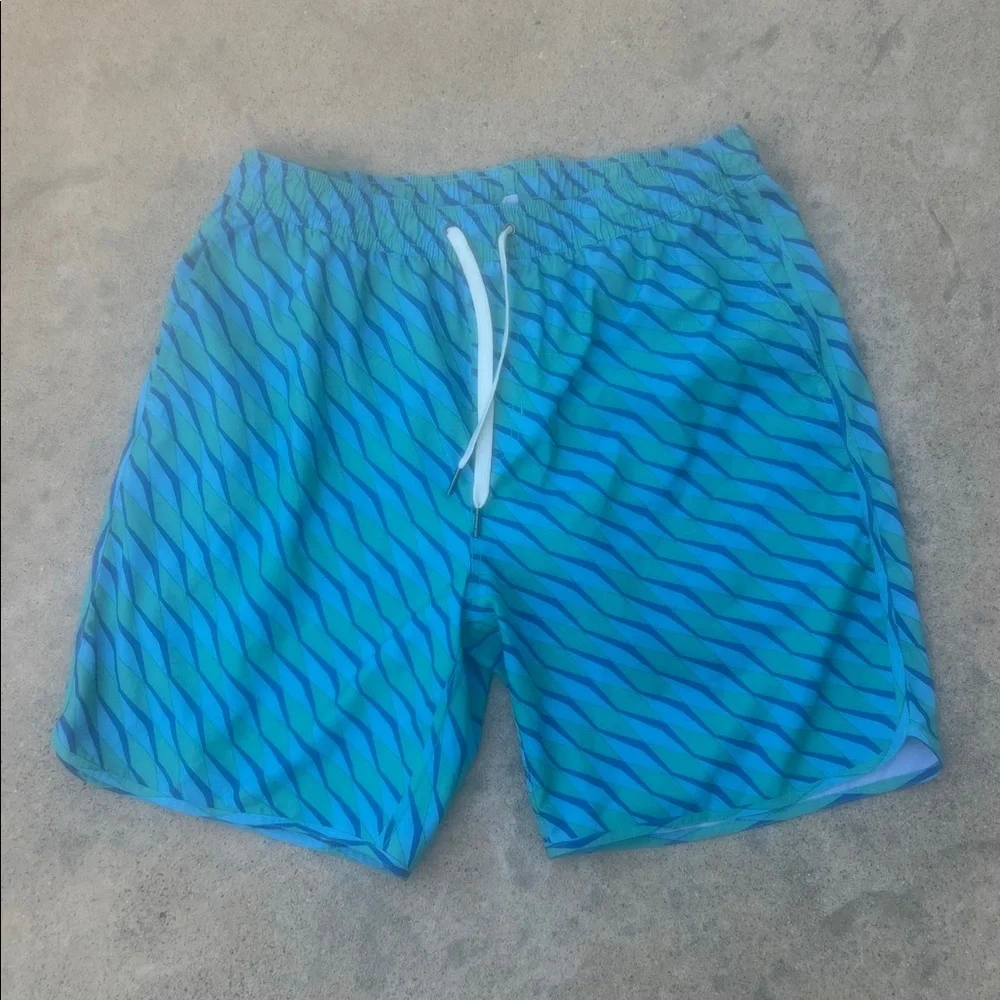 Fair Harbor Men's Blue Wave Design Lined Swim Trunks Size L